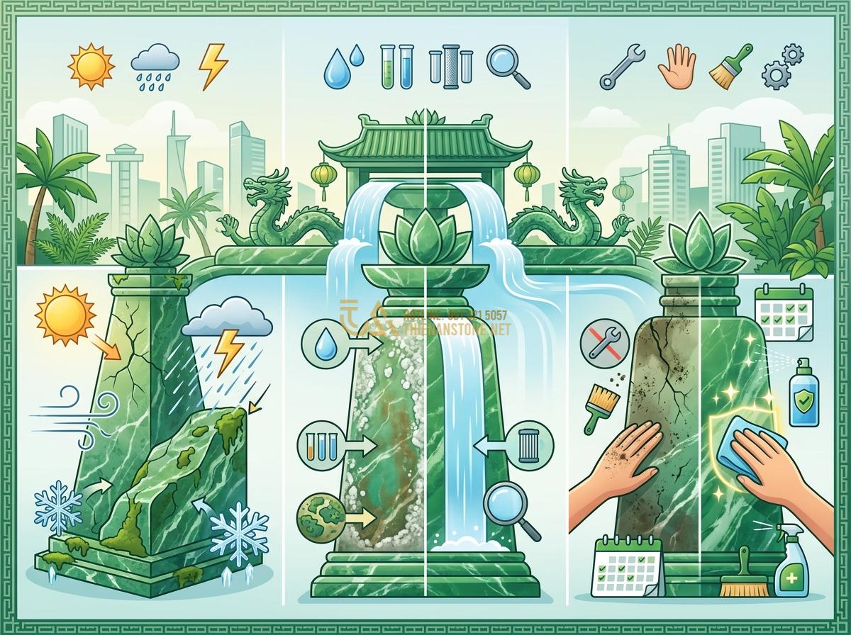 Cách Bảo Dưỡng Đài Phun Nước Bằng Đá Tự Nhiên Để Luôn Bền Đẹp Theo Thời Gian - Infographic style image illustrating factors impacting natural stone water fount