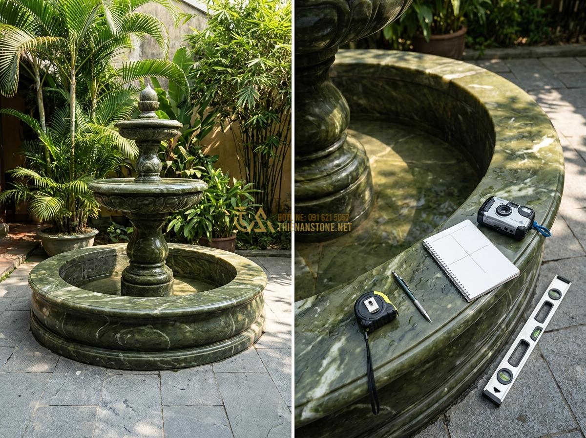 Cách Bảo Dưỡng Đài Phun Nước Bằng Đá Tự Nhiên Để Luôn Bền Đẹp Theo Thời Gian - Step-by-step inspection process of a natural stone fountain showing tools and ch