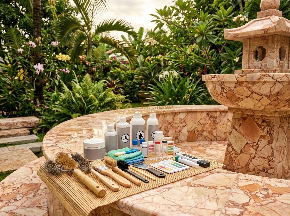 Cách Bảo Dưỡng Đài Phun Nước Bằng Đá Tự Nhiên Để Luôn Bền Đẹp Theo Thời Gian - Professional tools laid out for stone fountain maintenance including brushes, se