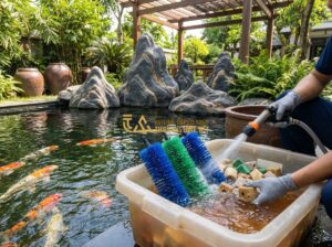 Cách Bảo Dưỡng Hồ Cá Koi Sau Khi Thi Công Để Cá Luôn Khỏe Mạnh - Tạo ảnh tiếng Anh: A professional technician cleaning a multi-chamber koi pond f
