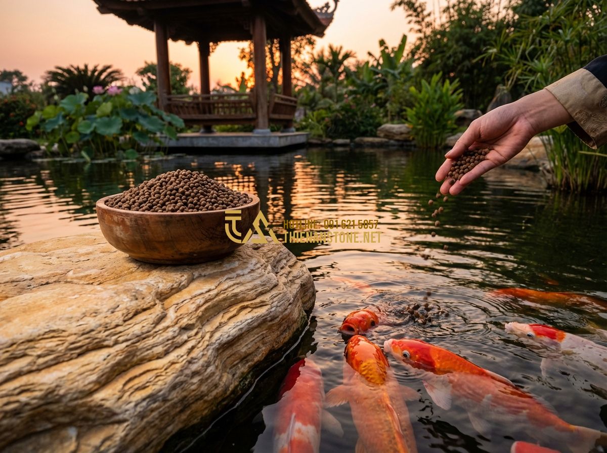 Cách Bảo Dưỡng Hồ Cá Koi Sau Khi Thi Công Để Cá Luôn Khỏe Mạnh - Hình 3 Cách Bảo Dưỡng Hồ Cá Koi Sau Khi Thi Công Để Cá Luôn Khỏe Mạnh - Tạo ảnh tiếng Anh: High-quality premium koi food pellets displayed in a wooden b
