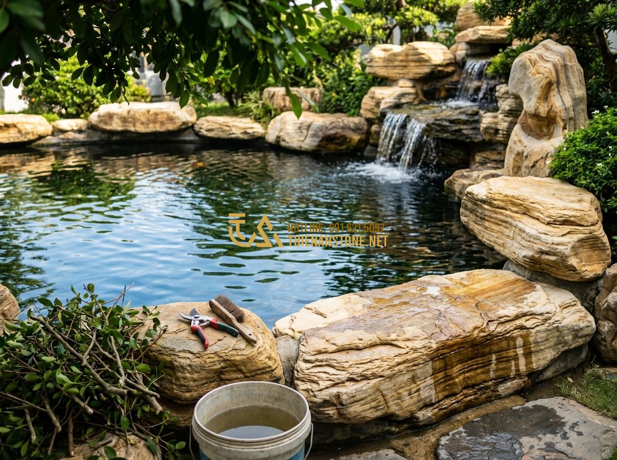 Cách Bảo Dưỡng Hồ Cá Koi Sau Khi Thi Công Để Cá Luôn Khỏe Mạnh - Hình 4 Cách Bảo Dưỡng Hồ Cá Koi Sau Khi Thi Công Để Cá Luôn Khỏe Mạnh - Tạo ảnh tiếng Anh: A beautiful Japanese-style koi pond with large natural stones