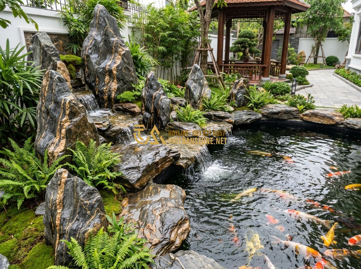 Cách Bảo Dưỡng Hồ Cá Koi Sau Khi Thi Công Để Cá Luôn Khỏe Mạnh - Hình 7 Cách Bảo Dưỡng Hồ Cá Koi Sau Khi Thi Công Để Cá Luôn Khỏe Mạnh - Tạo ảnh tiếng Anh: The professional team of Thien An Stone working on a project,
