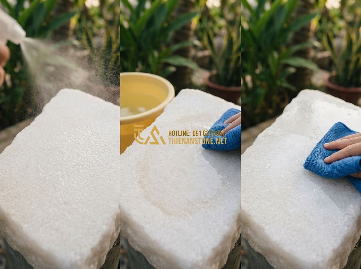 Cách Bảo Dưỡng Và Vệ Sinh Bảng Hiệu Đá Tự Nhiên Đúng Cách Để Bền Đẹp Theo Thời Gian - Hình 4 Cách Bảo Dưỡng Và Vệ Sinh Bảng Hiệu Đá Tự Nhiên Đúng Cách Để Bền Đẹp Theo Thời Gian - Tạo ảnh tiếng Anh: A step-by-step infographic showing a person cleaning a stone