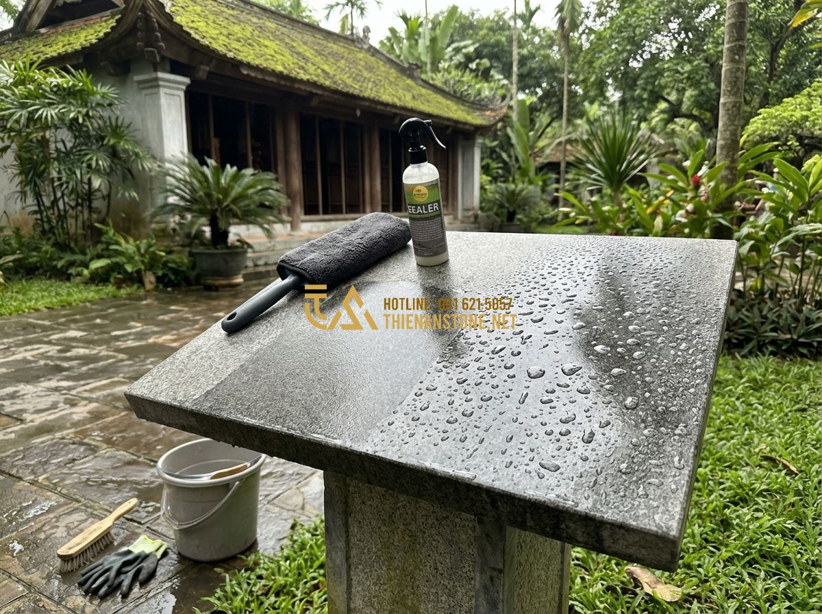 Cách Bảo Dưỡng Và Vệ Sinh Bảng Hiệu Đá Tự Nhiên Đúng Cách Để Bền Đẹp Theo Thời Gian - Hình 5 Cách Bảo Dưỡng Và Vệ Sinh Bảng Hiệu Đá Tự Nhiên Đúng Cách Để Bền Đẹp Theo Thời Gian - Tạo ảnh tiếng Anh: Professional maintenance scene where a worker is applying a c