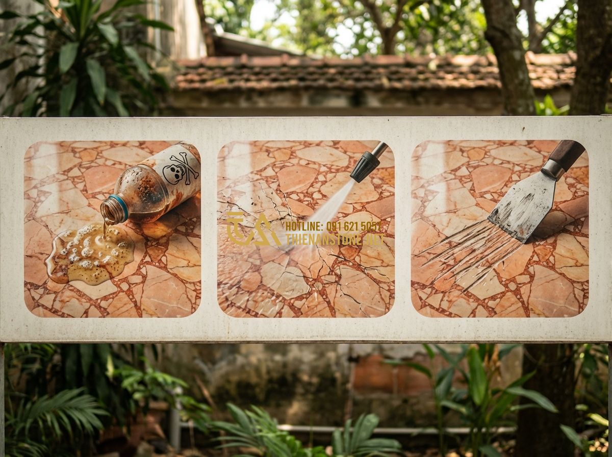 Cách Bảo Dưỡng Và Vệ Sinh Bảng Hiệu Đá Tự Nhiên Đúng Cách Để Bền Đẹp Theo Thời Gian - Hình 6 Cách Bảo Dưỡng Và Vệ Sinh Bảng Hiệu Đá Tự Nhiên Đúng Cách Để Bền Đẹp Theo Thời Gian - Tạo ảnh tiếng Anh: A warning-style graphic showing common cleaning mistakes to a