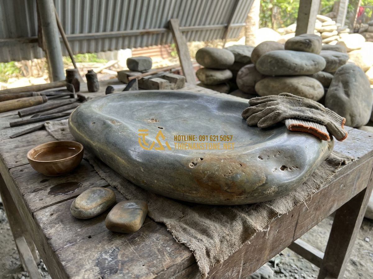 Cách Bảo Dưỡng Và Vệ Sinh Bảng Hiệu Đá Tự Nhiên Đúng Cách Để Bền Đẹp Theo Thời Gian - Hình 7 Cách Bảo Dưỡng Và Vệ Sinh Bảng Hiệu Đá Tự Nhiên Đúng Cách Để Bền Đẹp Theo Thời Gian - Tạo ảnh tiếng Anh: An emotional scene of an elderly master craftsman teaching a