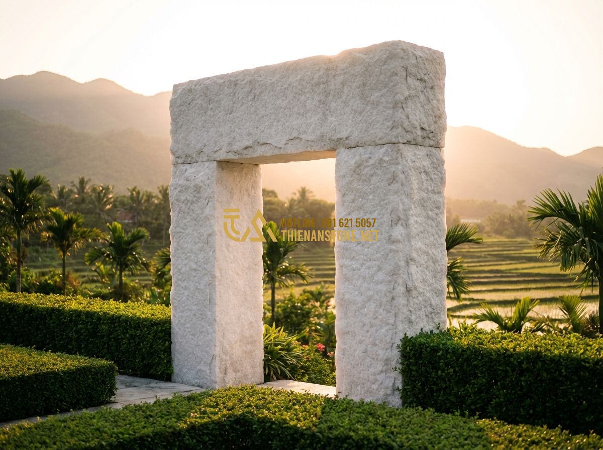 Cách Bảo Dưỡng Và Vệ Sinh Bảng Hiệu Đá Tự Nhiên Đúng Cách Để Bền Đẹp Theo Thời Gian - Hình 9 Cách Bảo Dưỡng Và Vệ Sinh Bảng Hiệu Đá Tự Nhiên Đúng Cách Để Bền Đẹp Theo Thời Gian - Tạo ảnh tiếng Anh: A beautiful sunset shot of a majestic natural stone entrance