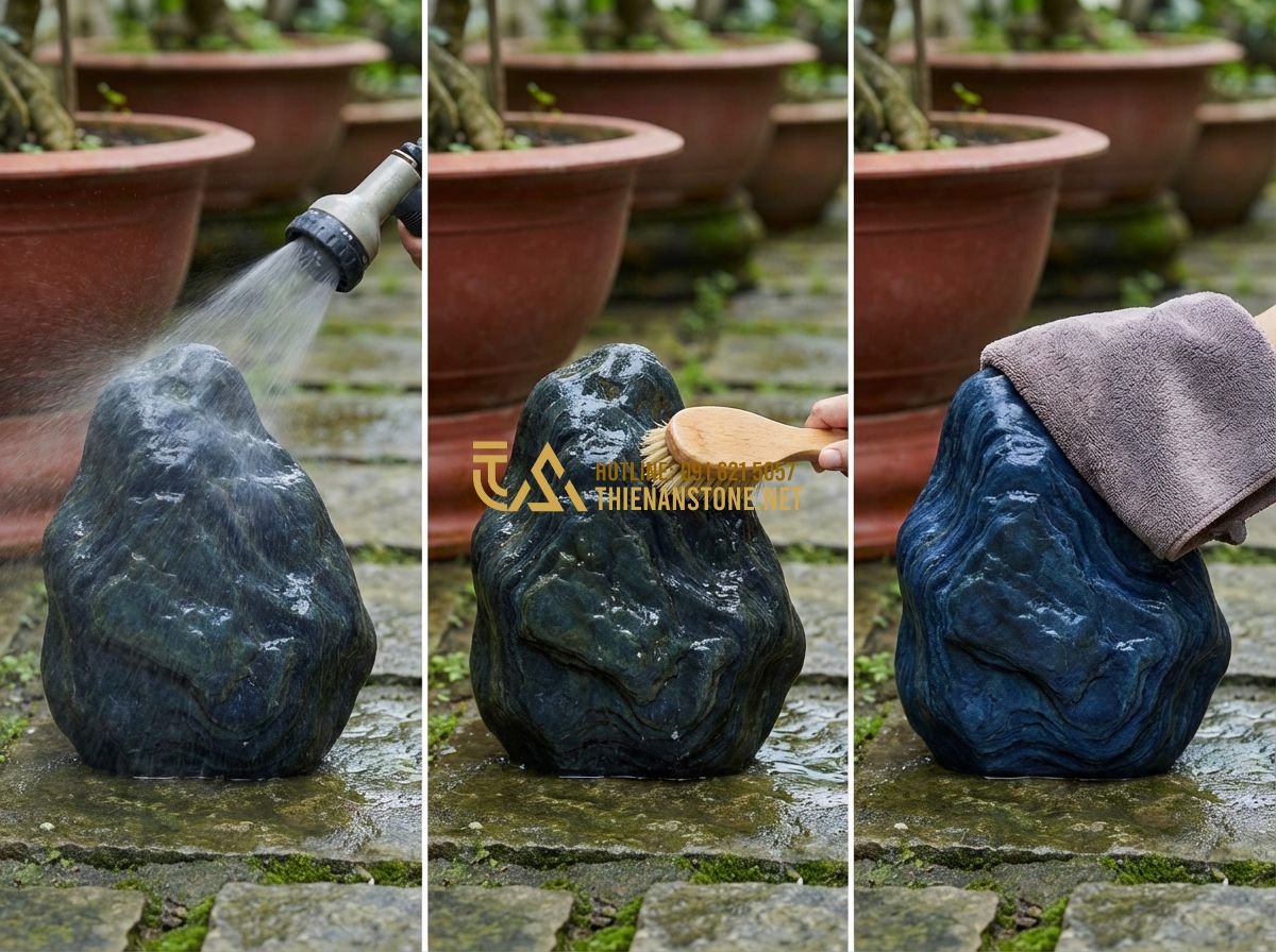 Cách Bảo Dưỡng Và Vệ Sinh Đá Xanh Nhật Bản Đúng Cách Để Luôn Tươi Mới - Tạo ảnh tiếng Anh: An instructional-style photo showing the step-by-step cleanin