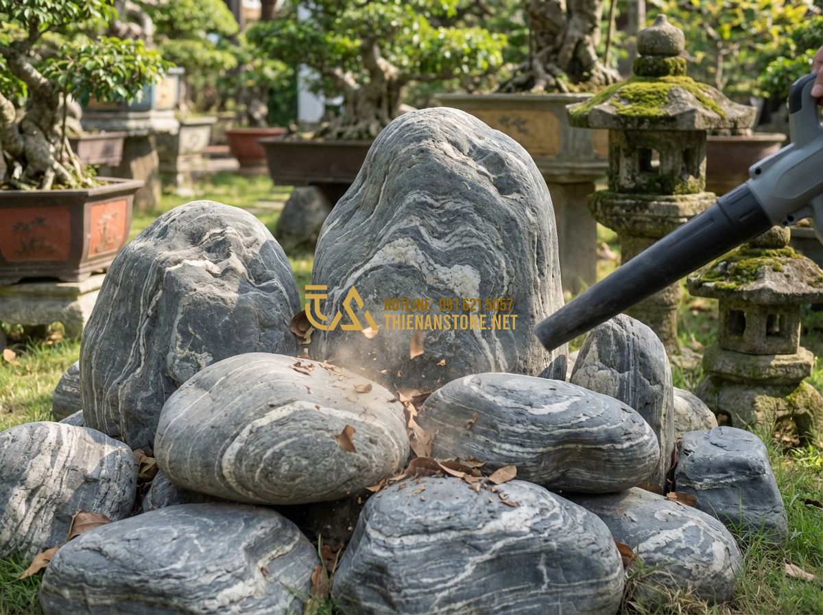 Cách Bảo Quản Và Vệ Sinh Đá Cuội Vân Mây Đúng Cách Để Luôn Đẹp - Hình 2 Cách Bảo Quản Và Vệ Sinh Đá Cuội Vân Mây Đúng Cách Để Luôn Đẹp - Tạo ảnh tiếng Anh: A step-by-step visual of cleaning cloud stones in a garden. T