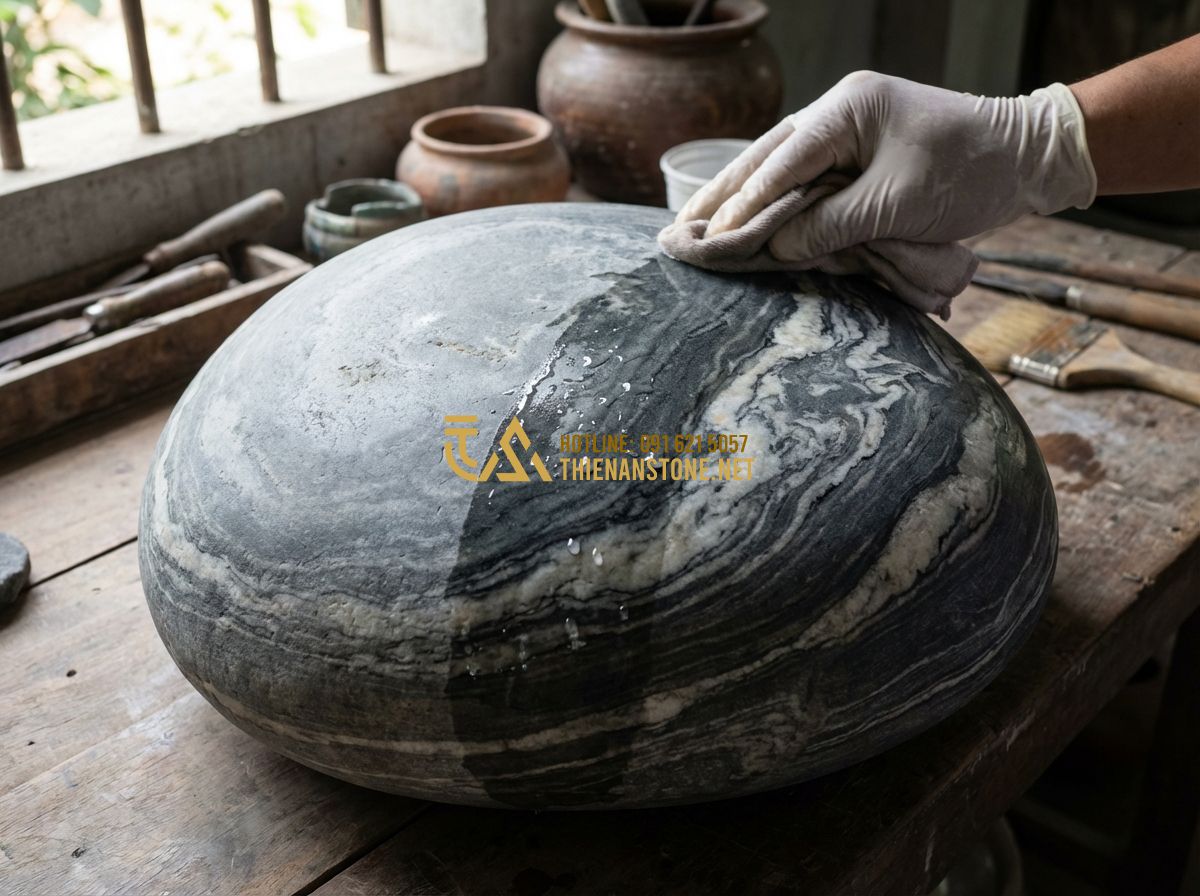 Cách Bảo Quản Và Vệ Sinh Đá Cuội Vân Mây Đúng Cách Để Luôn Đẹp - Hình 3 Cách Bảo Quản Và Vệ Sinh Đá Cuội Vân Mây Đúng Cách Để Luôn Đẹp - Tạo ảnh tiếng Anh: A close-up of a professional worker applying a clear liquid s