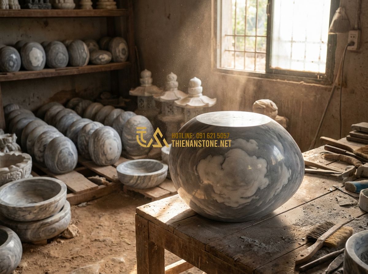 Cách Bảo Quản Và Vệ Sinh Đá Cuội Vân Mây Đúng Cách Để Luôn Đẹp - Hình 5 Cách Bảo Quản Và Vệ Sinh Đá Cuội Vân Mây Đúng Cách Để Luôn Đẹp - Tạo ảnh tiếng Anh: Inside a traditional Vietnamese stone workshop (Xưởng Đá Mỹ N