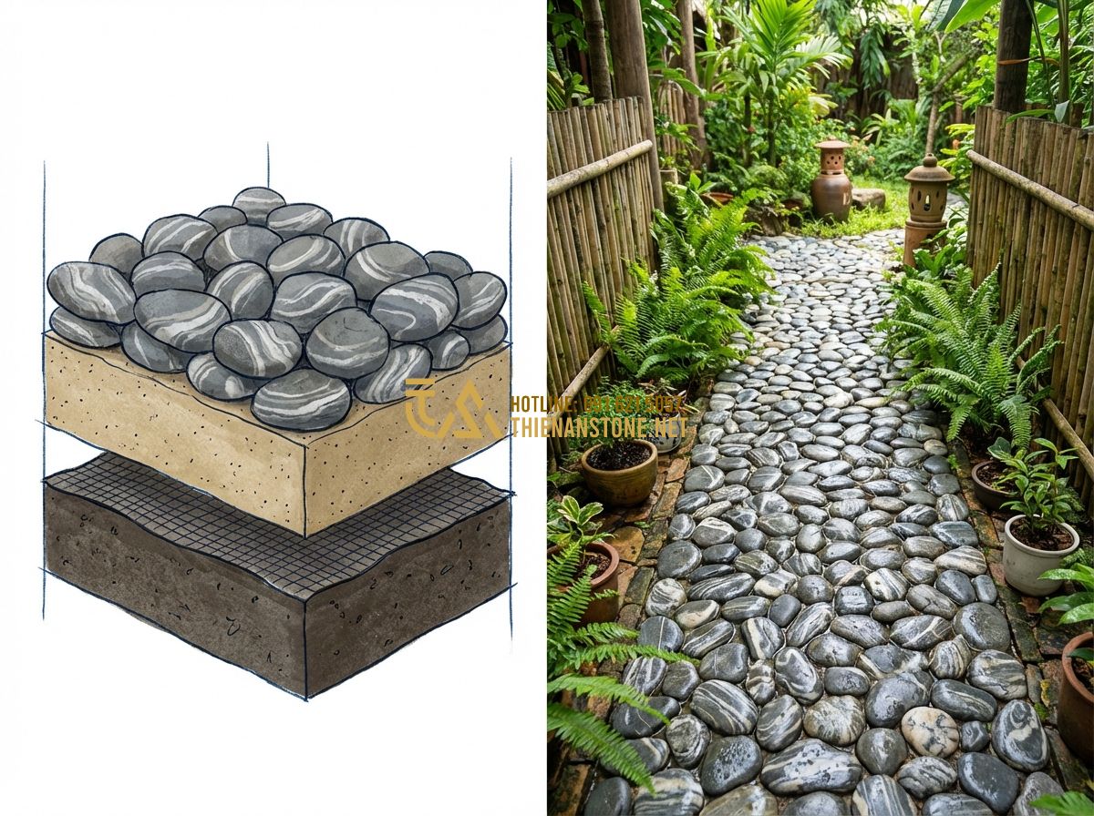 Cách Bảo Quản Và Vệ Sinh Đá Cuội Vân Mây Đúng Cách Để Luôn Đẹp - Hình 6 Cách Bảo Quản Và Vệ Sinh Đá Cuội Vân Mây Đúng Cách Để Luôn Đẹp - Tạo ảnh tiếng Anh: A detailed architectural diagram and real-life photo overlay