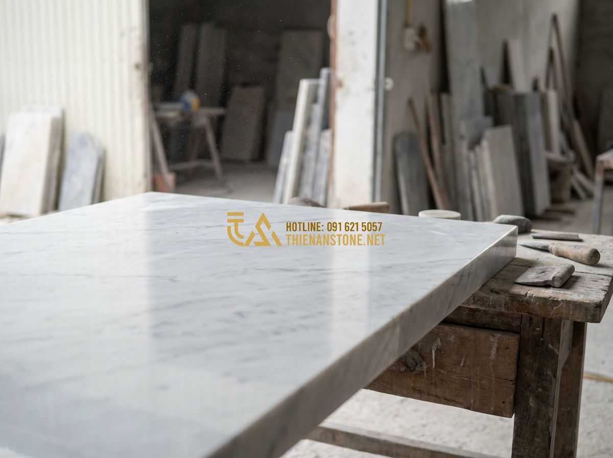 Cách Chọn Bàn Ghế Đá Tự Nhiên Nguyên Khối Đúng Chuẩn - Hướng Dẫn Chi Tiết 2024 - Tạo ảnh tiếng Anh: A professional artisan running his hand over a smooth granite
