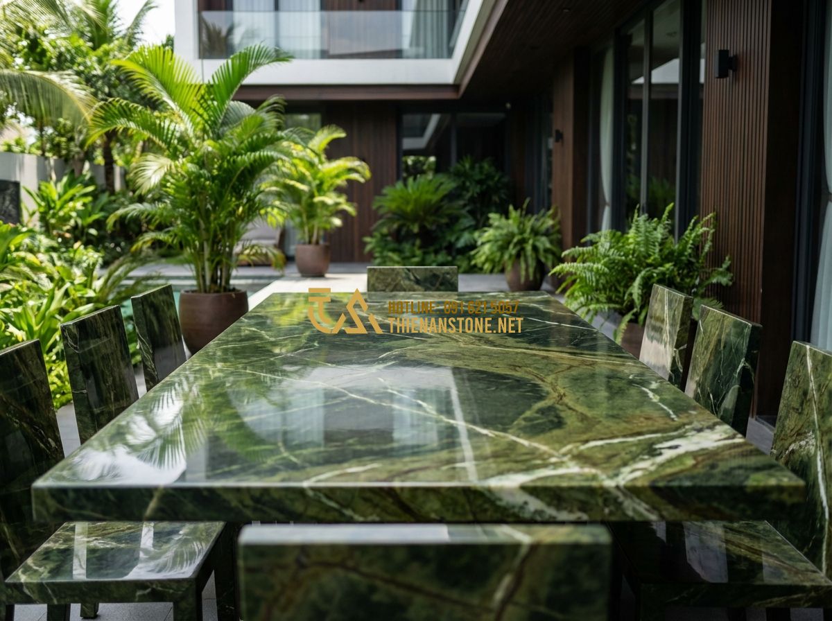 Cách Chọn Bàn Ghế Đá Tự Nhiên Nguyên Khối Đúng Chuẩn - Hướng Dẫn Chi Tiết 2024 - Tạo ảnh tiếng Anh: An elegant outdoor patio featuring a polished black granite s