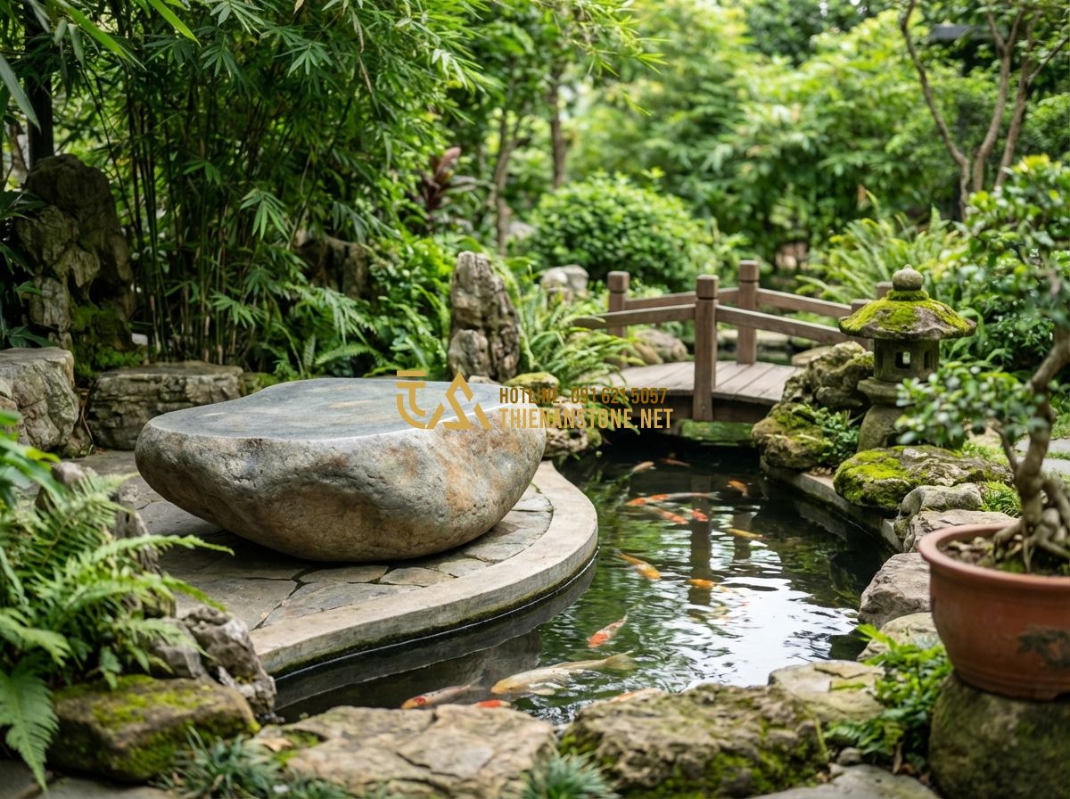 Cách Chọn Bàn Ghế Đá Tự Nhiên Nguyên Khối Đúng Chuẩn - Hướng Dẫn Chi Tiết 2024 - Tạo ảnh tiếng Anh: A harmonious garden layout with a natural stone table placed