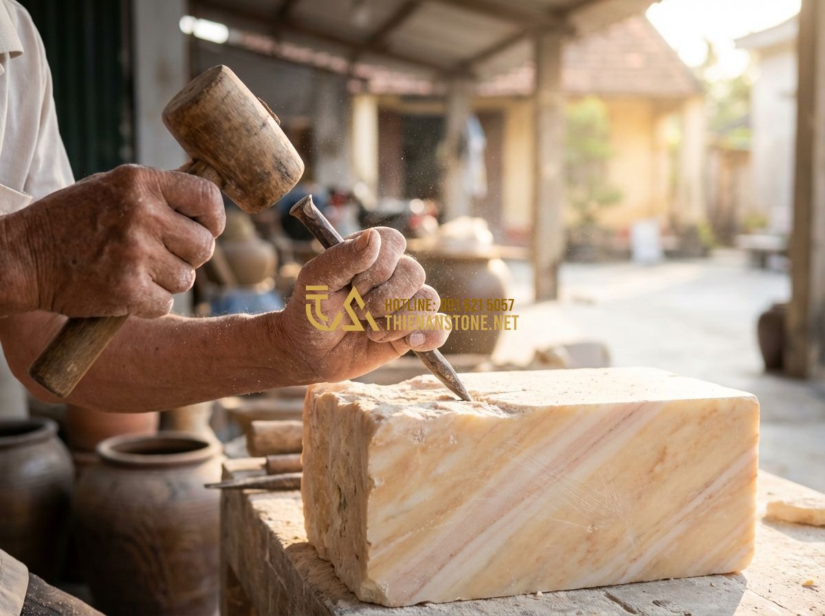 Cách Chọn Bàn Ghế Đá Tự Nhiên Nguyên Khối Đúng Chuẩn - Hướng Dẫn Chi Tiết 2024 - Tạo ảnh tiếng Anh: Close-up of an elderly craftsman's weathered hands using a tr