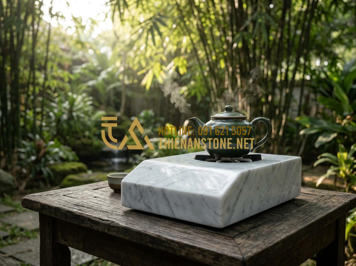 Cách chọn bếp đá pha trà phù hợp với không gian trà thất và sân vườn - Tạo ảnh tiếng Anh: [A high-end natural stone tea stove placed on a rustic wooden