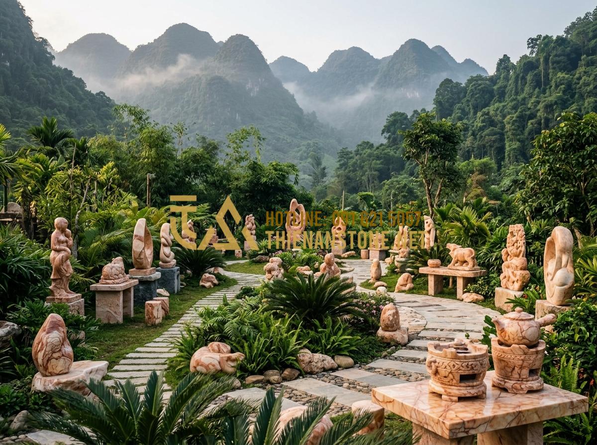 Cách chọn bếp đá pha trà phù hợp với không gian trà thất và sân vườn - Tạo ảnh tiếng Anh: [A beautiful wide landscape shot of the Thien An Stone worksh