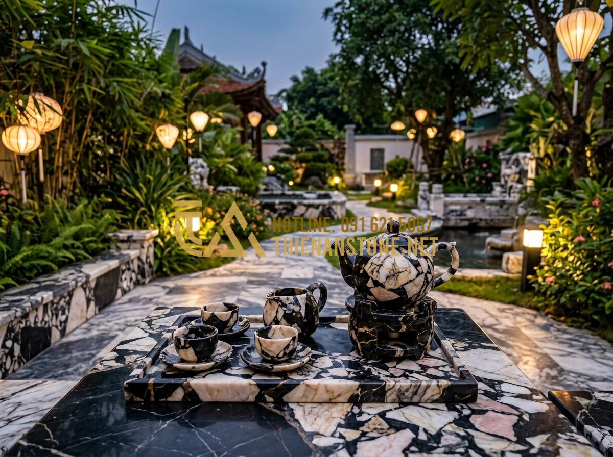 Cách chọn bếp đá pha trà phù hợp với không gian trà thất và sân vườn - Tạo ảnh tiếng Anh: [A panoramic view of a finished garden project with a stone t