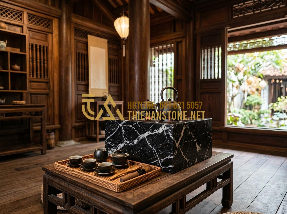 Cách chọn bếp đá pha trà phù hợp với không gian trà thất và sân vườn - Tạo ảnh tiếng Anh: [A wide shot of a traditional Vietnamese tea room (Trà Thất)