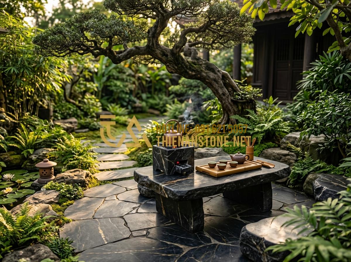 Cách chọn bếp đá pha trà phù hợp với không gian trà thất và sân vườn - Tạo ảnh tiếng Anh: [A professional landscape design featuring a stone tea table
