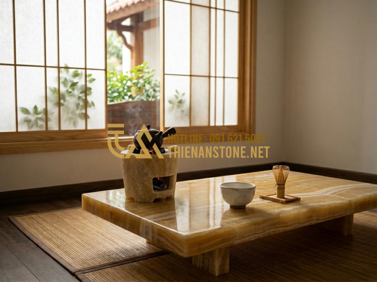 Cách chọn bếp đá pha trà phù hợp với không gian trà thất và sân vườn - Tạo ảnh tiếng Anh: [Minimalist interior design of a modern tea room. A low black