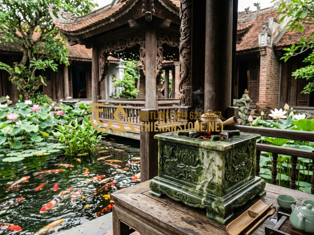 Cách chọn bếp đá pha trà phù hợp với không gian trà thất và sân vườn - Tạo ảnh tiếng Anh: [A luxuriously carved stone tea stove with traditional lotus