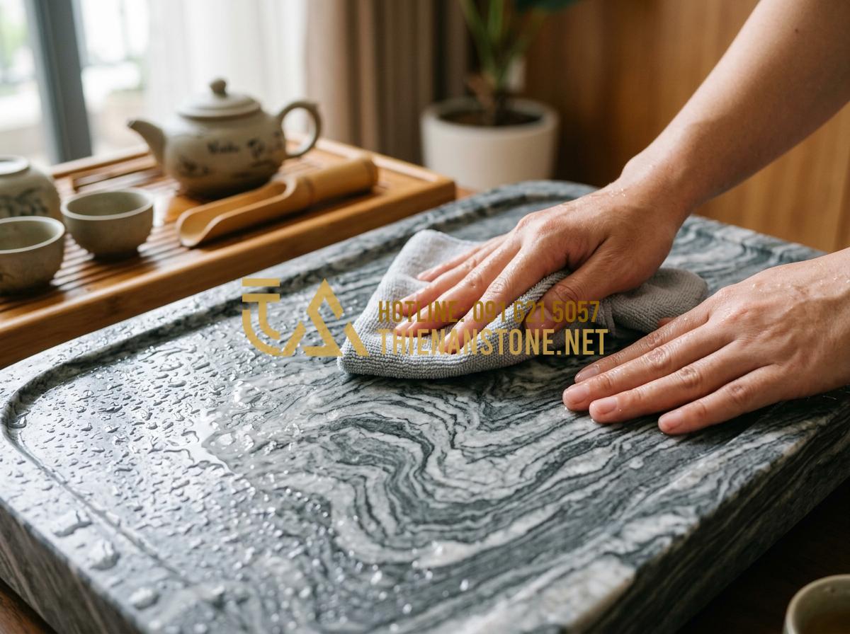 Cách chọn bếp đá pha trà phù hợp với không gian trà thất và sân vườn - Tạo ảnh tiếng Anh: [A pair of hands gently cleaning a stone tea stove with a sof