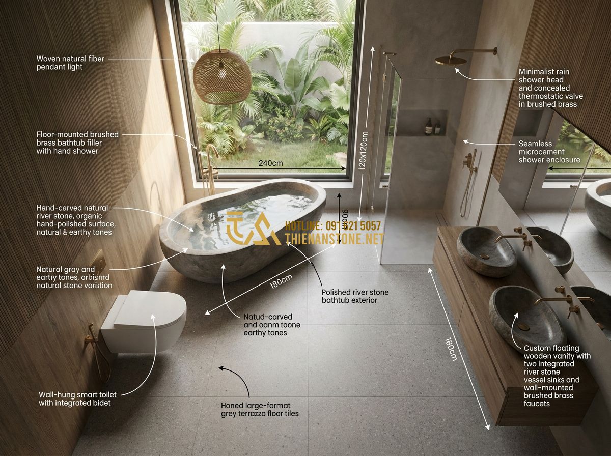 Cách Chọn Bồn Tắm Đá Tự Nhiên Đẹp, Bền & Phù Hợp Phong Thủy - Hình 2 Cách Chọn Bồn Tắm Đá Tự Nhiên Đẹp, Bền & Phù Hợp Phong Thủy - Tạo ảnh tiếng Anh: An architectural floor plan view of a modern master bathroom,