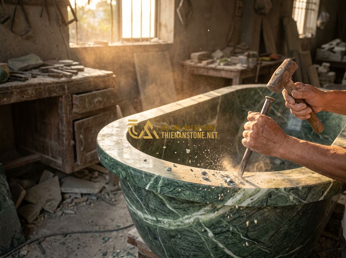 Cách Chọn Bồn Tắm Đá Tự Nhiên Đẹp, Bền & Phù Hợp Phong Thủy - Hình 4 Cách Chọn Bồn Tắm Đá Tự Nhiên Đẹp, Bền & Phù Hợp Phong Thủy - Tạo ảnh tiếng Anh: A skilled artisan in a workshop setting, using traditional to