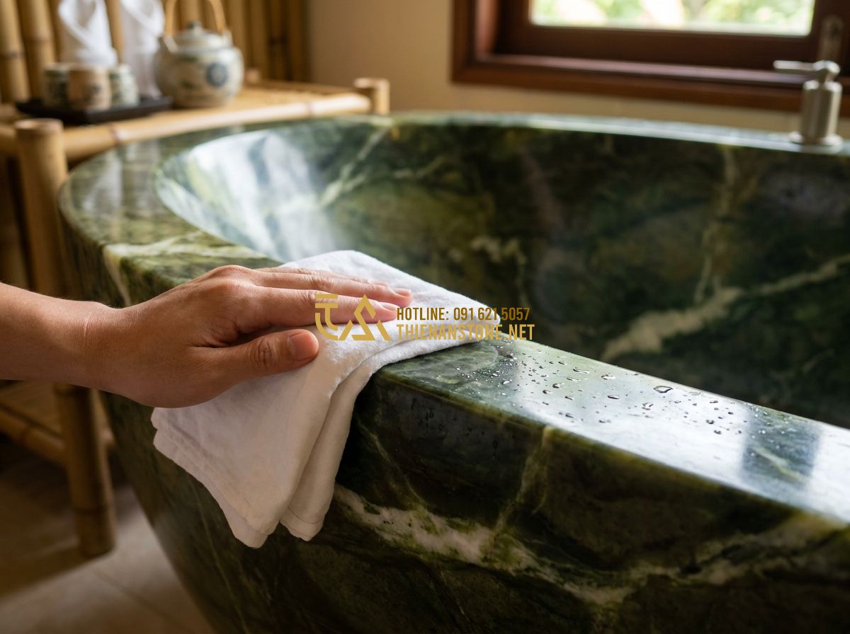 Cách Chọn Bồn Tắm Đá Tự Nhiên Đẹp, Bền & Phù Hợp Phong Thủy - Hình 5 Cách Chọn Bồn Tắm Đá Tự Nhiên Đẹp, Bền & Phù Hợp Phong Thủy - Tạo ảnh tiếng Anh: A close-up shot of a person using a soft white cloth to gentl