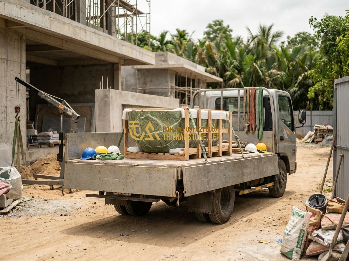 Cách Chọn Bồn Tắm Đá Tự Nhiên Đẹp, Bền & Phù Hợp Phong Thủy - Hình 6 Cách Chọn Bồn Tắm Đá Tự Nhiên Đẹp, Bền & Phù Hợp Phong Thủy - Tạo ảnh tiếng Anh: A delivery truck with the "Thien An Stone" logo carrying a ca