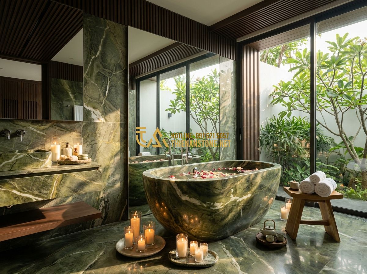 Cách Chọn Bồn Tắm Đá Tự Nhiên Đẹp, Bền & Phù Hợp Phong Thủy - Hình 7 Cách Chọn Bồn Tắm Đá Tự Nhiên Đẹp, Bền & Phù Hợp Phong Thủy - Tạo ảnh tiếng Anh: A final elegant shot of a complete luxury bathroom layout wit