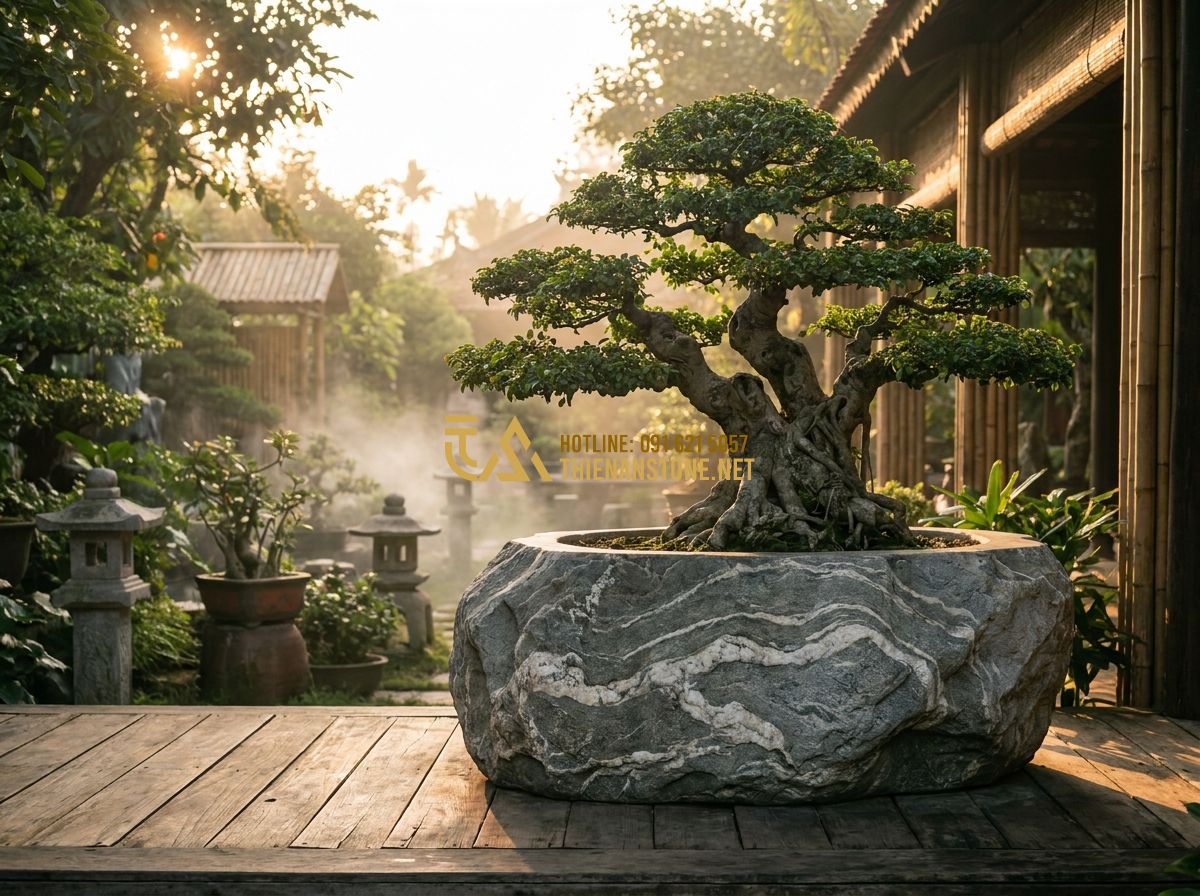 Cách Chọn Chậu Đá Trồng Cây Cảnh Đẹp & Bền Mãi – Hướng Dẫn Chi Tiết Từ A Đến Z - Tạo ảnh tiếng Anh: A professional and serene garden scene featuring an elderly w