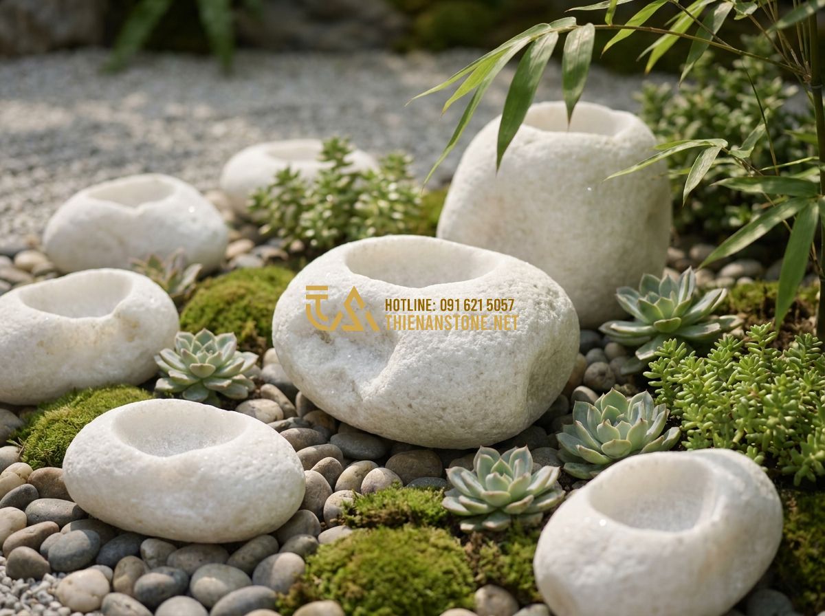 Cách Chọn Chậu Đá Trồng Cây Cảnh Đẹp & Bền Mãi – Hướng Dẫn Chi Tiết Từ A Đến Z - Tạo ảnh tiếng Anh: A collection of natural river stone pots in various original