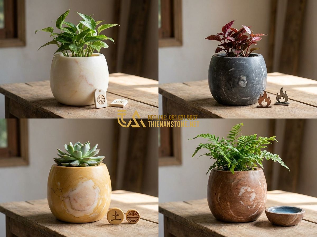 Cách Chọn Chậu Đá Trồng Cây Cảnh Đẹp & Bền Mãi – Hướng Dẫn Chi Tiết Từ A Đến Z - Tạo ảnh tiếng Anh: A grid showcasing four different natural stone pots in white,