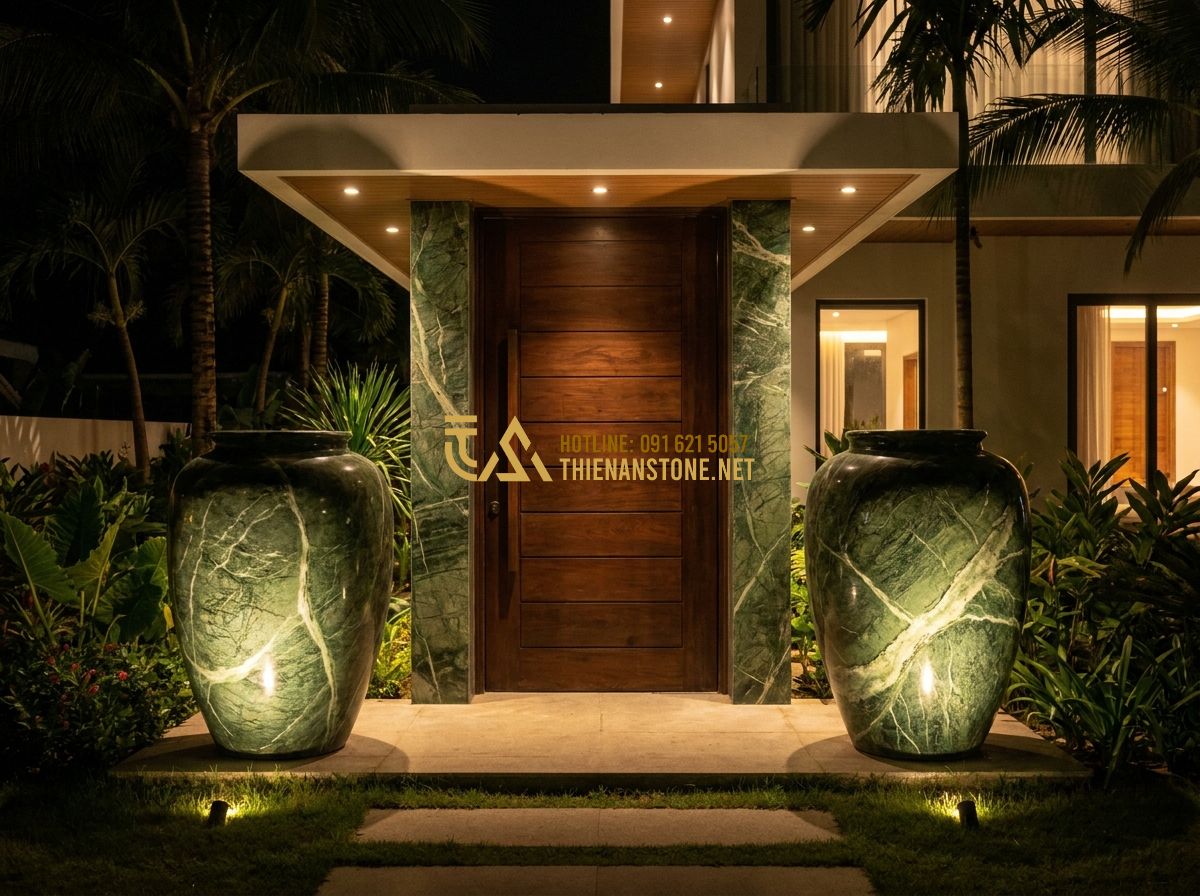 Cách Chọn Chậu Đá Trồng Cây Cảnh Đẹp & Bền Mãi – Hướng Dẫn Chi Tiết Từ A Đến Z - Tạo ảnh tiếng Anh: Symmetric entrance of a modern luxury house with two large, e