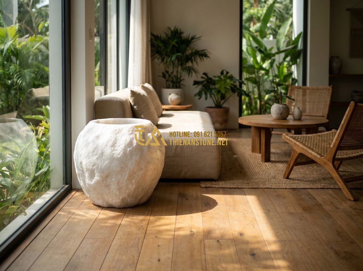 Cách Chọn Chậu Đá Trồng Cây Cảnh Đẹp & Bền Mãi – Hướng Dẫn Chi Tiết Từ A Đến Z - Tạo ảnh tiếng Anh: Interior design of a contemporary living room, with a large n