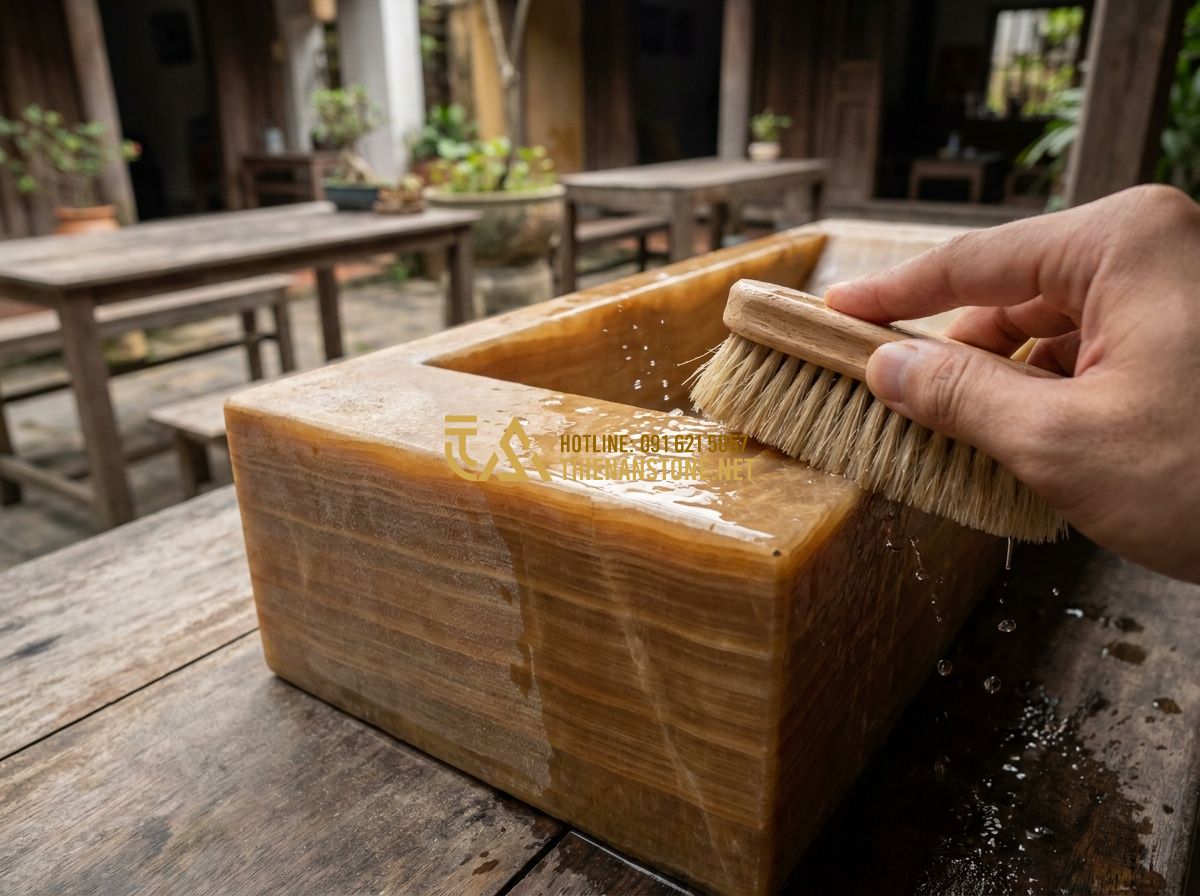 Cách Chọn Chậu Đá Trồng Cây Cảnh Đẹp & Bền Mãi – Hướng Dẫn Chi Tiết Từ A Đến Z - Tạo ảnh tiếng Anh: Hand using a soft brush to clean a natural stone pot, water d