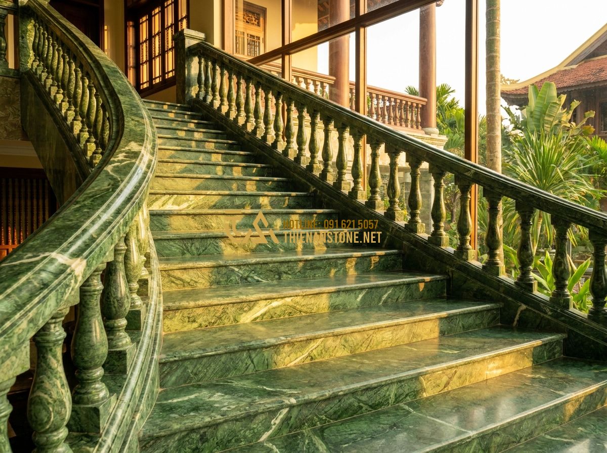 Cách Chọn Con Tiện Đá Tự Nhiên Đẹp & Bền Mãi Cho Lan Can Cầu Thang - Tạo ảnh tiếng Anh: [A high-end limestone or marble staircase with elegant natura