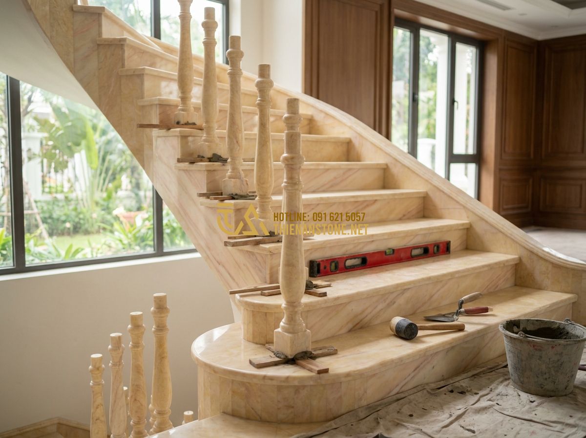 Cách Chọn Con Tiện Đá Tự Nhiên Đẹp & Bền Mãi Cho Lan Can Cầu Thang - Tạo ảnh tiếng Anh: [Construction workers carefully installing stone balusters on