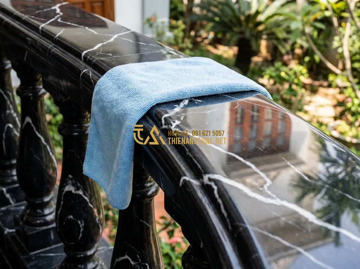Cách Chọn Con Tiện Đá Tự Nhiên Đẹp & Bền Mãi Cho Lan Can Cầu Thang - Tạo ảnh tiếng Anh: [A person cleaning a shining marble baluster with a soft micr
