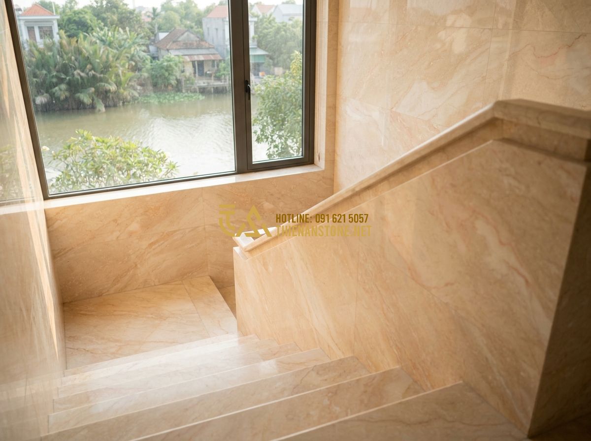 Cách Chọn Con Tiện Đá Tự Nhiên Đẹp & Bền Mãi Cho Lan Can Cầu Thang - Tạo ảnh tiếng Anh: [An elegant woman sitting on a marble staircase in a modern h
