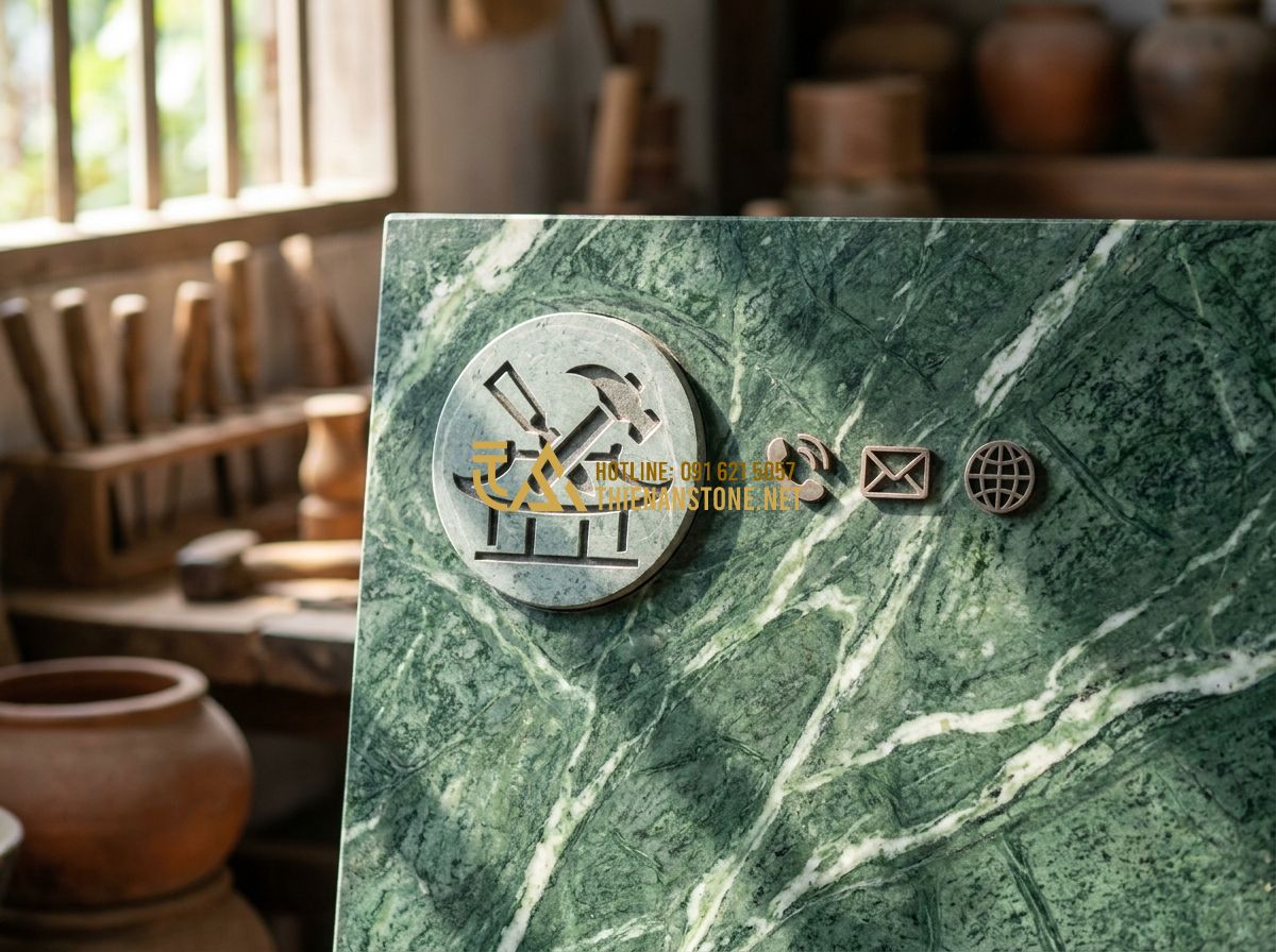 Cách Chọn Con Tiện Đá Tự Nhiên Đẹp & Bền Mãi Cho Lan Can Cầu Thang - Tạo ảnh tiếng Anh: [The branding of Thien An Stone Carving Workshop with a profe