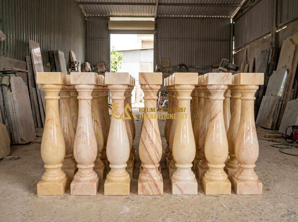 Cách Chọn Con Tiện Đá Tự Nhiên Đẹp & Bền Mãi Cho Lan Can Cầu Thang - Tạo ảnh tiếng Anh: [Polished granite balusters in various colors like black, gra