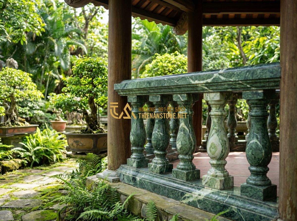 Cách Chọn Con Tiện Đá Tự Nhiên Đẹp & Bền Mãi Cho Lan Can Cầu Thang - Tạo ảnh tiếng Anh: [Classic grey-blue limestone balusters installed in a traditi