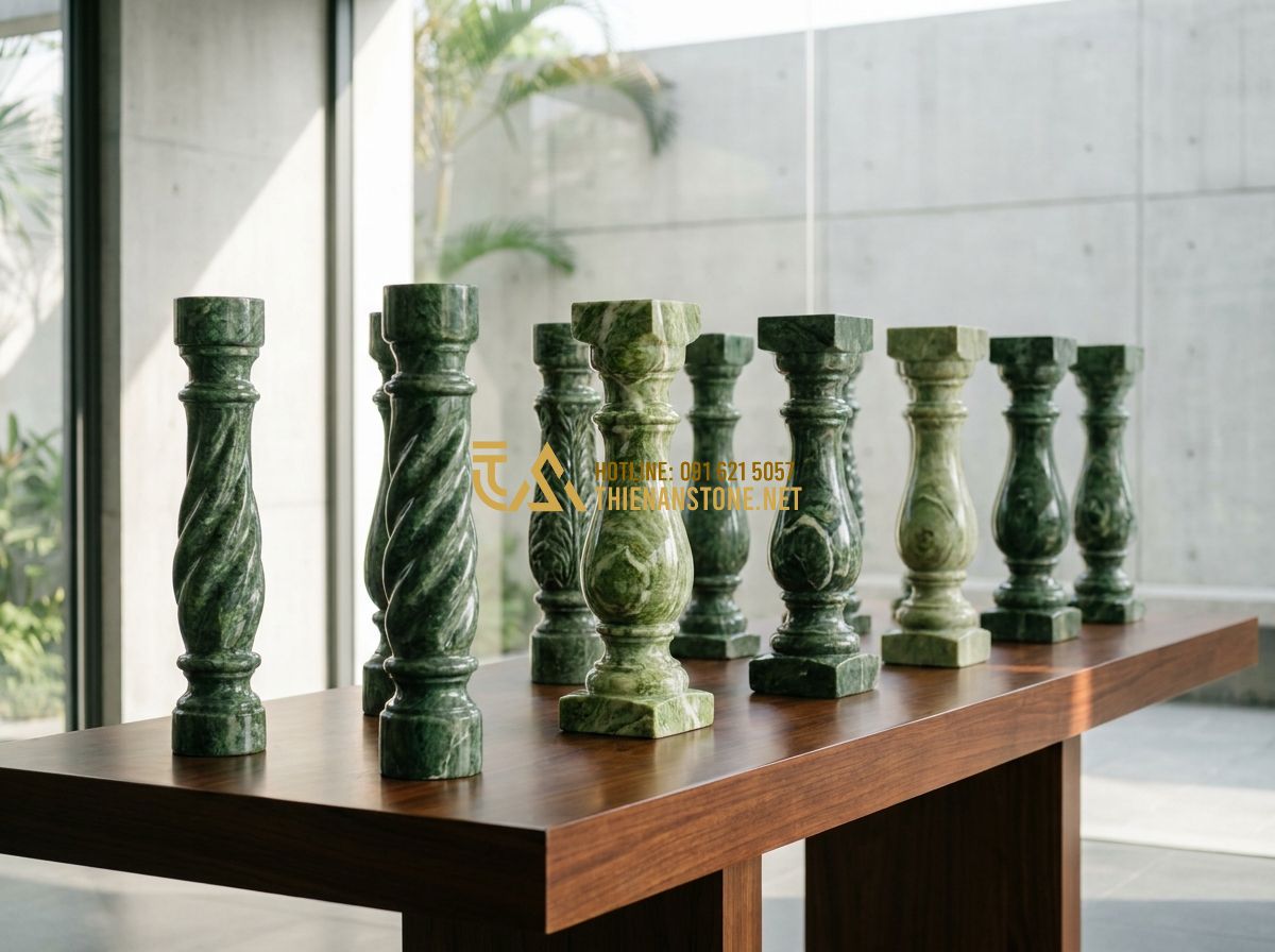 Cách Chọn Con Tiện Đá Tự Nhiên Đẹp & Bền Mãi Cho Lan Can Cầu Thang - Tạo ảnh tiếng Anh: [A collection of stone baluster samples in different colors a