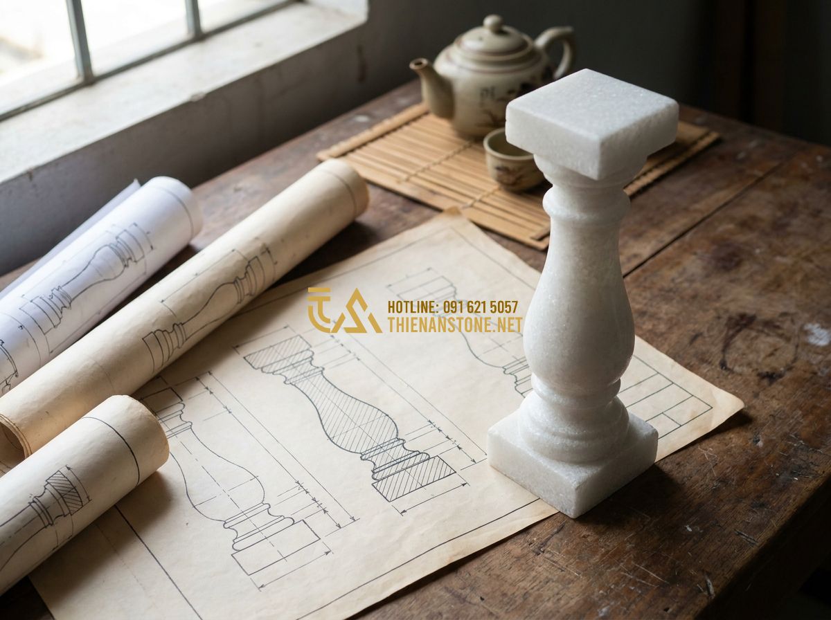 Cách Chọn Con Tiện Đá Tự Nhiên Đẹp & Bền Mãi Cho Lan Can Cầu Thang - Tạo ảnh tiếng Anh: [Architectural drawings and technical specifications of stone