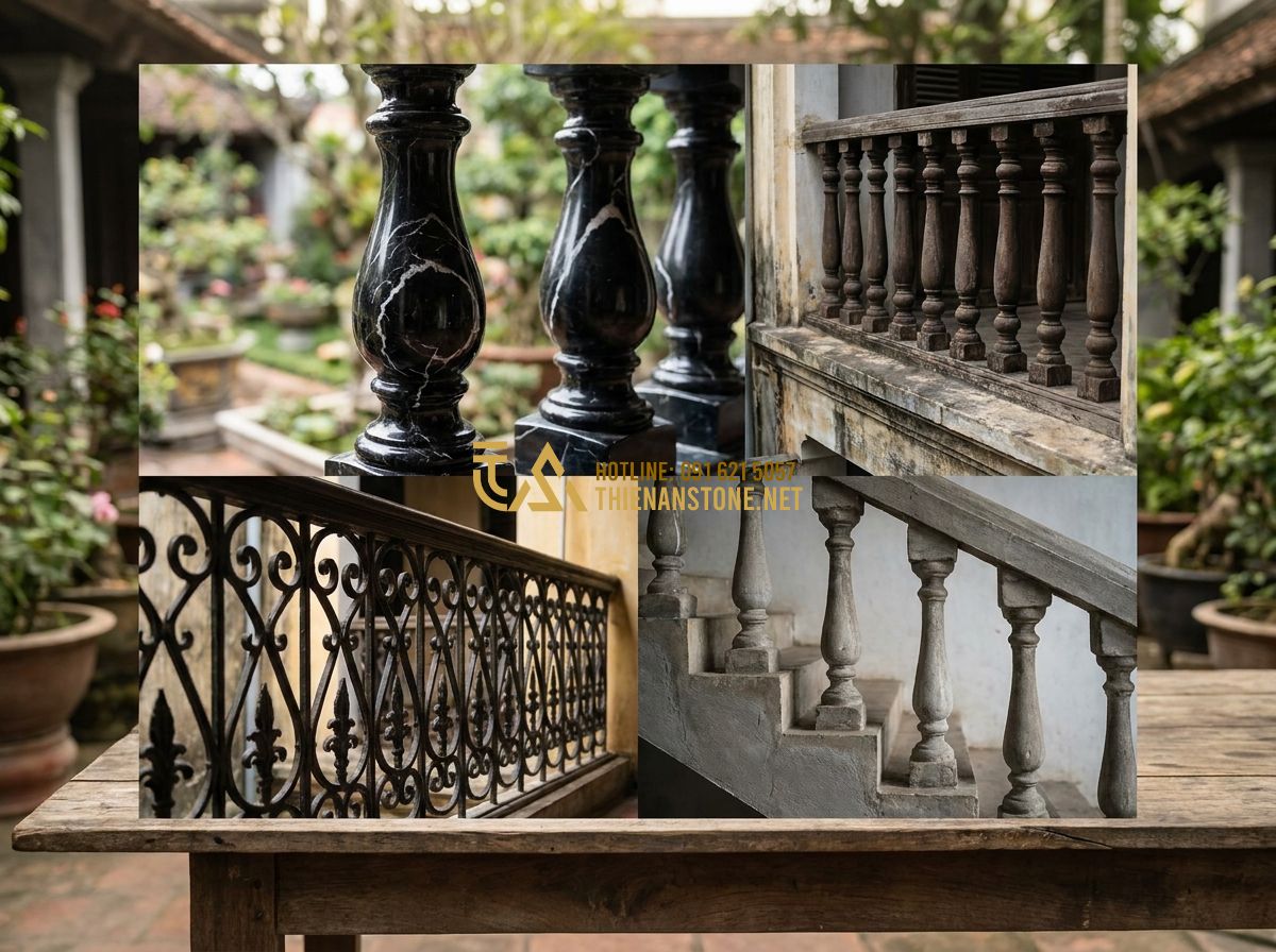Cách Chọn Con Tiện Đá Tự Nhiên Đẹp & Bền Mãi Cho Lan Can Cầu Thang - Tạo ảnh tiếng Anh: [Comparison collage showing stone balusters next to wood, iro